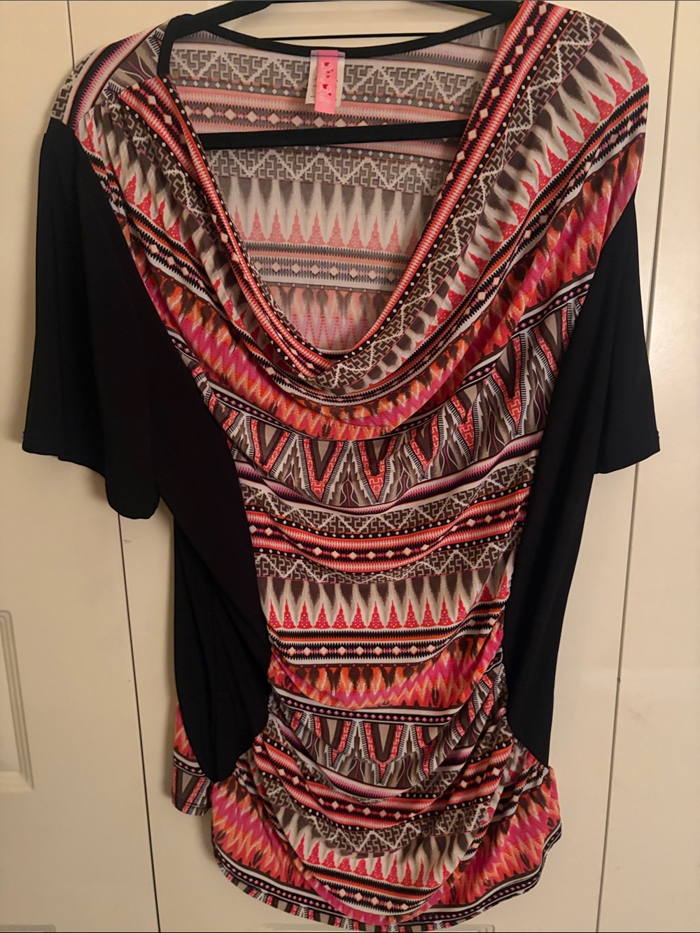 Women's Aztec Print Cowl Neck Top - Black & Multicolor